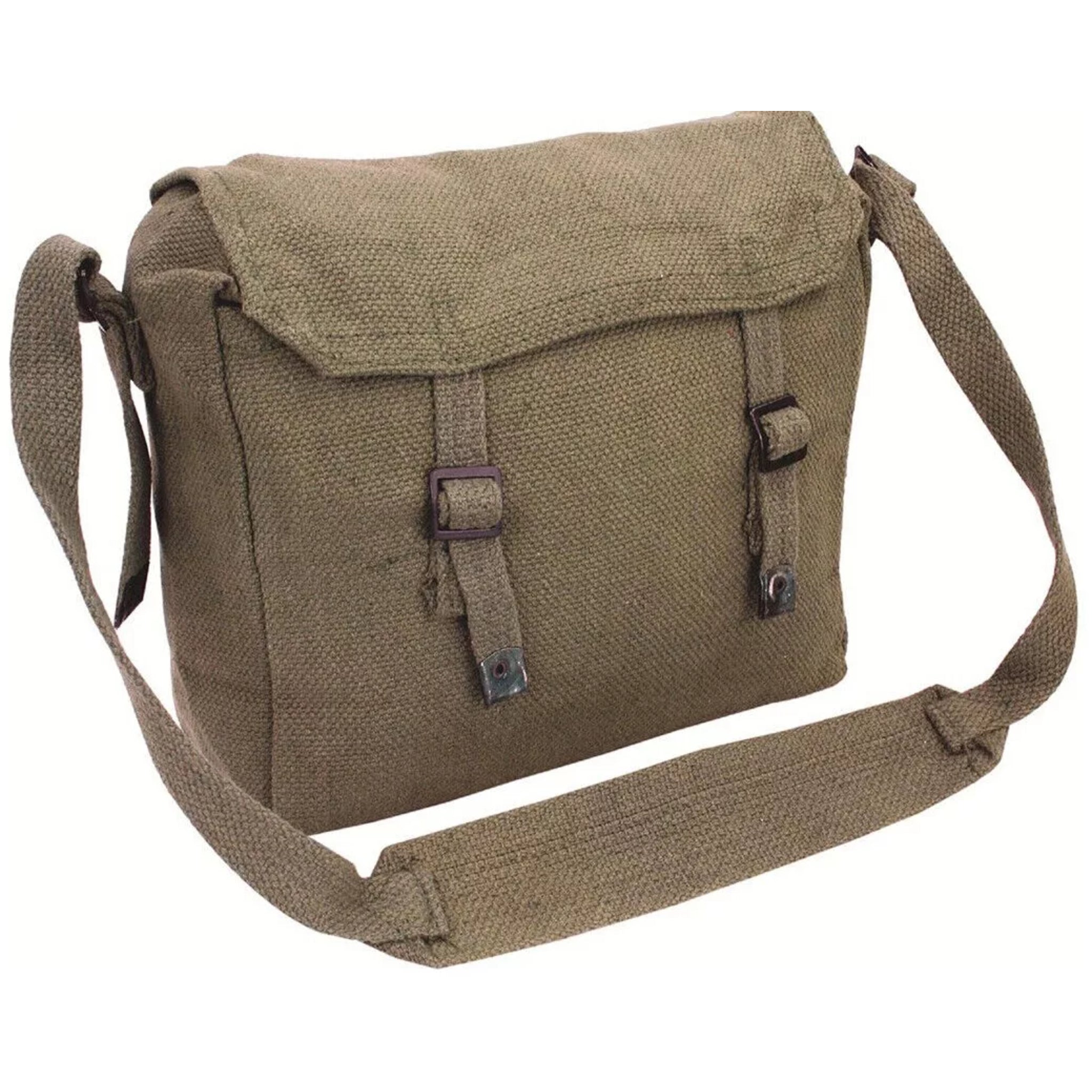 Canvas army military style shoulder bag with adjustable strap and buckle fastening in olive green